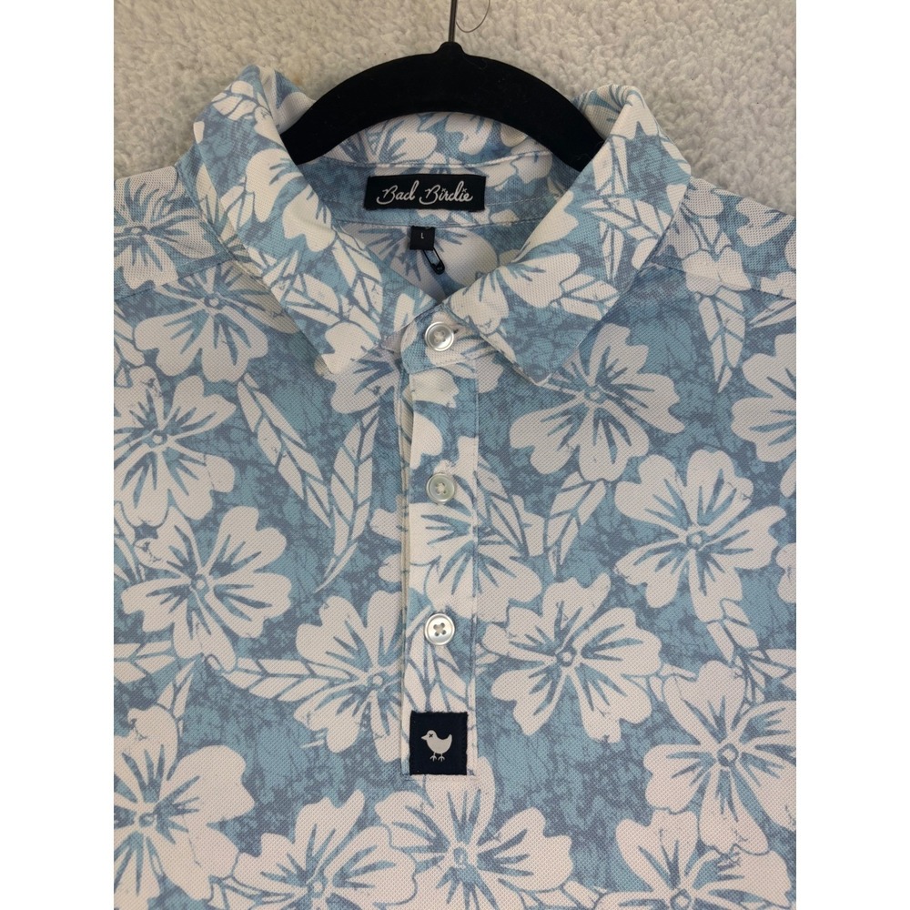 Bad Birdie Mens Blue White Floral Performance Golf Polo Shirt Large L